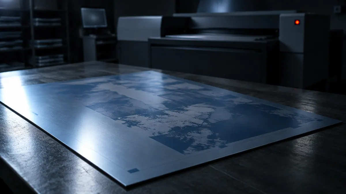 Placa de aluminio para impresión offset recién grabada sobre una mesa de trabajo