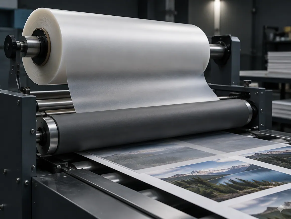 Máquina laminadora aplicando película sobre pliegos impresos